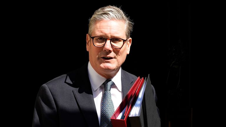 Keir Starmer leaves 10 Downing Street to attend the weekly Prime Ministers' Questions.
Pic:AP