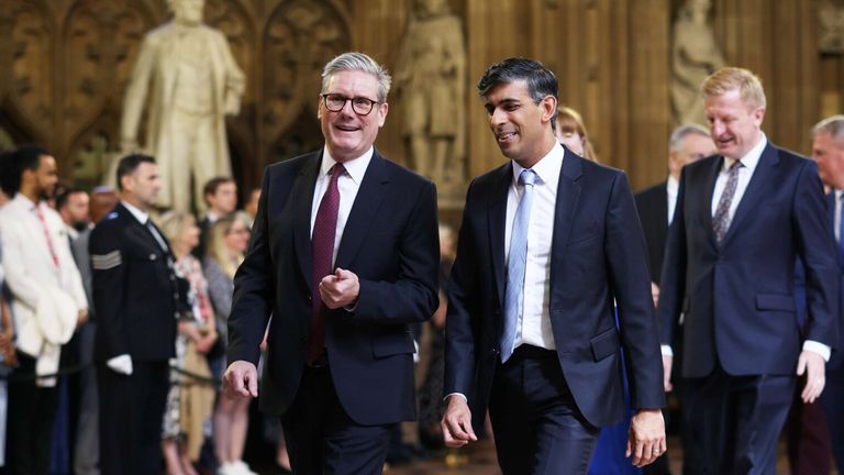 Keir Starmer and Rishi Sunak lead MPs through the Central Lobby of the Houses of Parliament.
Pic PA