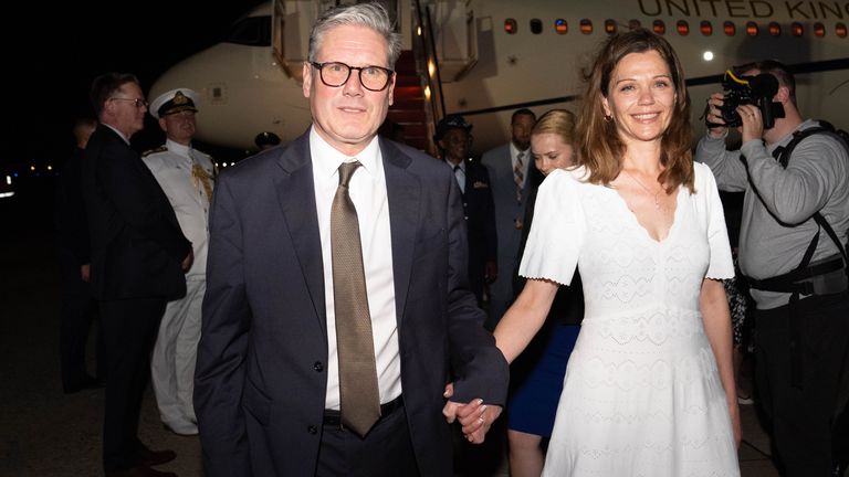 Keir Starmer and Victoria disembark from their plane at Joint Base Andrews, Washington.
Pic: PA