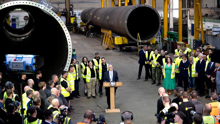 Prime Minister Sir Keir Starmer delivers a speech on clean energy during a visit to Hutchinson Engineering in Widnes, Cheshire. Picture date: Thursday July 25, 2024. PA Photo. See PA story POLITICS Starmer. Photo credit should read: James Glossop/The Times/PA Wire