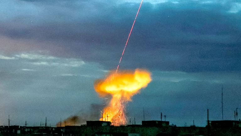 An explosion of shot down Russian drone, amid Russia's attack on Ukraine, in Kherson, Ukraine July 26, 2024. REUTERS/Stringer