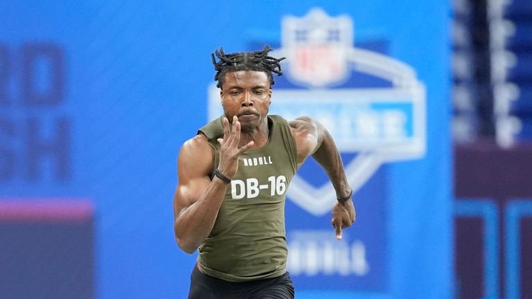 FILE - Oregon defensive back Khyree Jackson runs the 40-yard dash at the NFL football scouting combine, Friday, March 1, 2024, in Indianapolis.  Minnesota Vikings rookie cornerback Khyree Jackson died Saturday morning, July 6, 2024, in a car crash in Maryland, police and the team said.  (AP Photo/Michael Conroy, File)