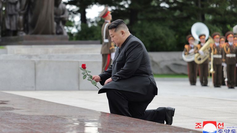 Kim Jong Un, General Secretary of the Workers' Party of Korea and President of the State Affairs of the Democratic People's Republic of Korea, visits the Revolutionary Martyrs Cemetery, on the occasion of the 71st anniversary of the victory in the great Fatherland Liberation War, on Mt Taesong, North Korea, July 26, 2024. KCNA via REUTERS ATTENTION EDITORS - THIS IMAGE WAS PROVIDED BY A THIRD PARTY. REUTERS IS UNABLE TO INDEPENDENTLY VERIFY THIS IMAGE. NO THIRD PARTY SALES. SOUTH KOREA OUT. NO C