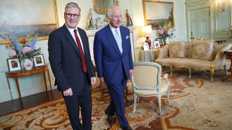 King Charles III welcomes Sir Keir Starmer during an audience at Buckingham Palace, London, where he invited the leader of the Labour Party to become Prime Minister and form a new government following the landslide General Election victory for the Labour Party. Picture date: Friday July 5, 2024.
