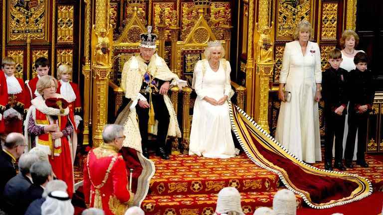 King Charles and Queen Camilla sit on their thrones ahead of the king making his speech.
Pic Reuters