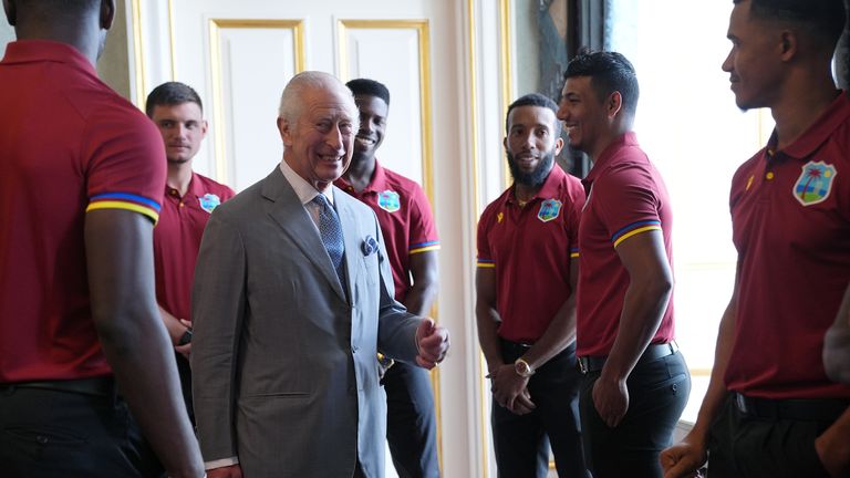 King Charles III meeting members of the West Indies men's cricket team, at Buckingham Palace, London, ahead of the first test against England. Picture date: Saturday July 6, 2024.