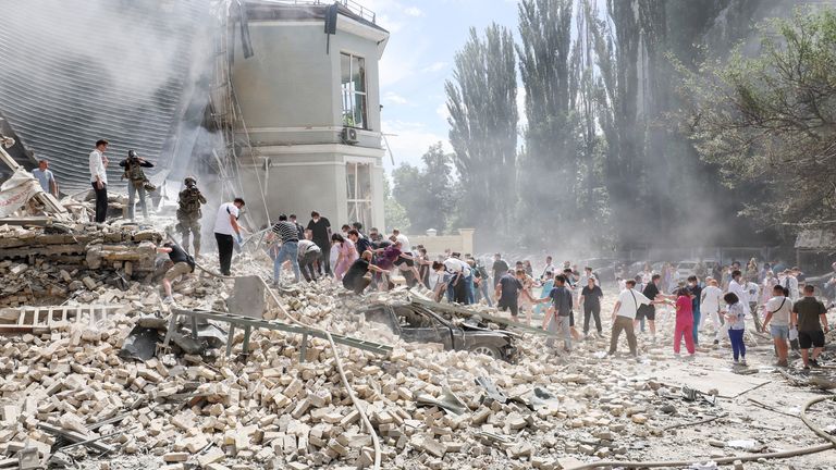 Rescuers work at Ohmatdyt Children's Hospital that was damaged during a Russian missile strikes, amid Russia's attack on Ukraine, in Kyiv, Ukraine July 8, 2024. REUTERS/Gleb Garanich