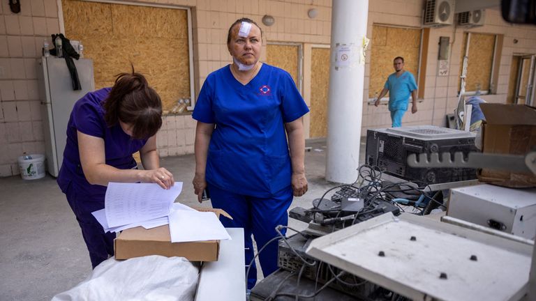 A nurse at the Okhmatdyt children's hospital in Kyiv on Tuesday. Pic: Reuters