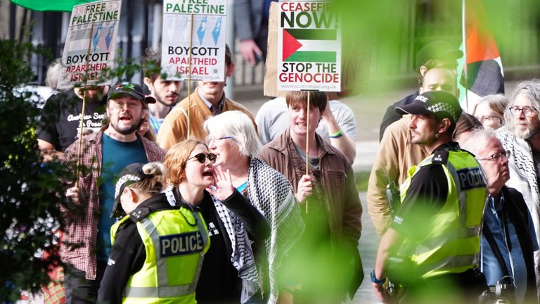 Pro-Palestinian protesters gathered outside Bute House, the first minister's Edinburgh home, as Sir Keir had a meeting with Mr Swinney. Pic: PA