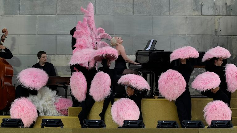 Lady Gaga performs in Paris, France, ahead of the opening ceremony of the 2024 Summer Olympics.
Pic:AP