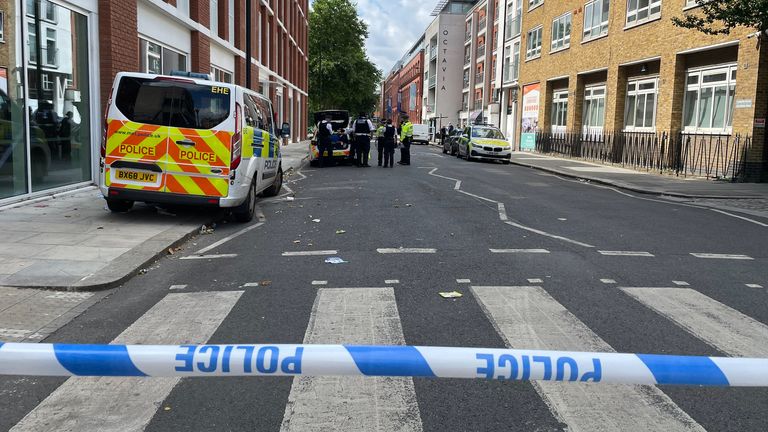 Police tape cordoning off the area near Emslie Horniman's Pleasance Park, near Ladbroke Grove, where forensic officers were seen searching the area and taking photographs after a 15-year-old boy was shot dead at a "family fun day" event attended by "more than a thousand people" in west London on Sunday. Picture date: Monday July 22, 2024.