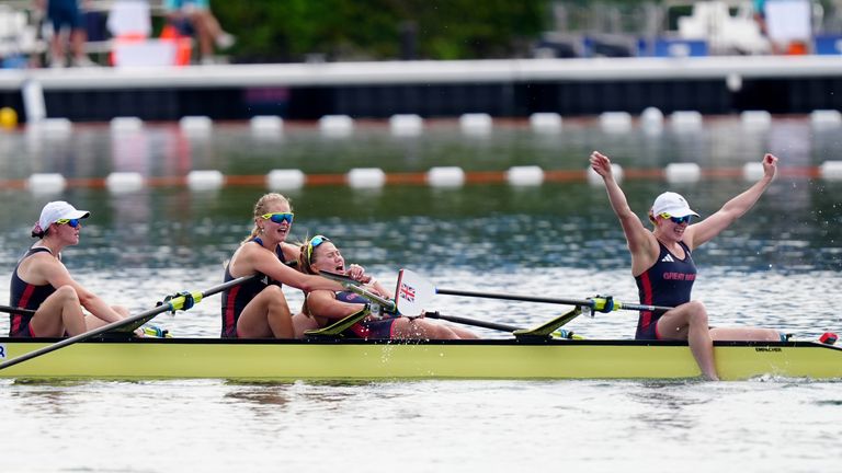 Great Britain’s Lauren Henry, Hannah Scott, Lola Anderson and Georgie Brayshaw celebrate winning a gold medal following the Women's Quadruple Sculls Final.
Pic: PA