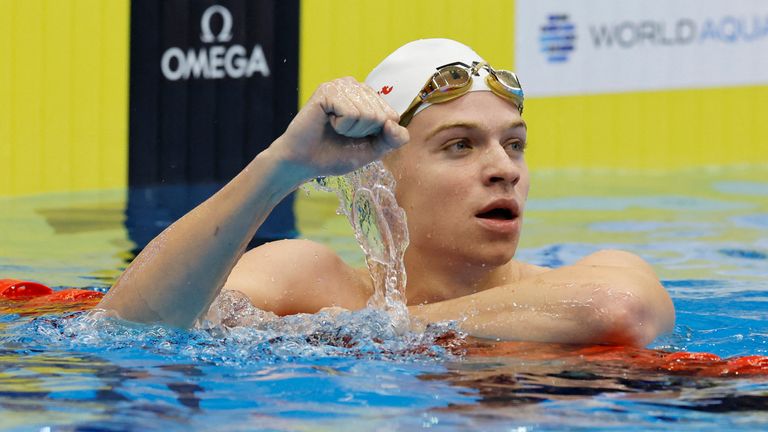 Leon Marchand celebrates after winning the men's 200m individual medley final last year. Pic: Reuters