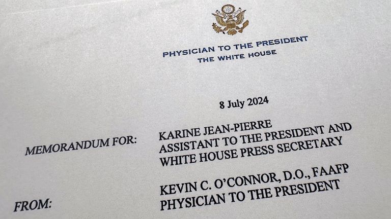 Letter released by the White House from President Joe Biden's physician Kevin C. O'Connor. Pic: AP/Jon Elswick