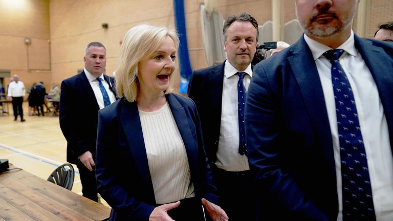 Liz Truss after losing her Norfolk South West seat to the Labour Party.
Pic:PA