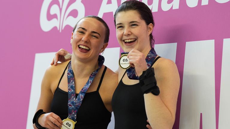 Diving partners Lois Toulson and Spendolini-Sirieix after winning gold together in May Aquatics Diving Championships. Pic: Jacob King/PA