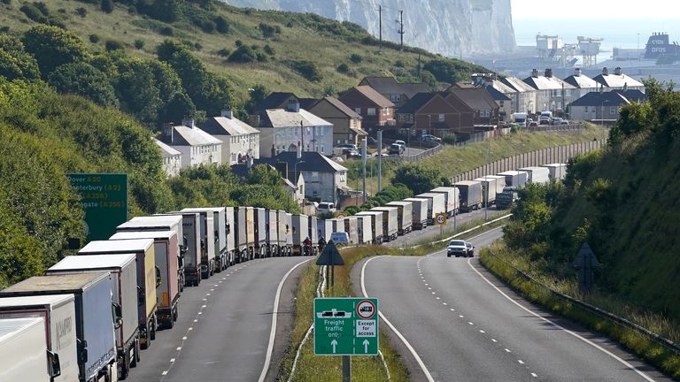 Lorries queued up waiting to enter the Port of Dover in Kent as the busy summer travel period gets underway..
Pic PA