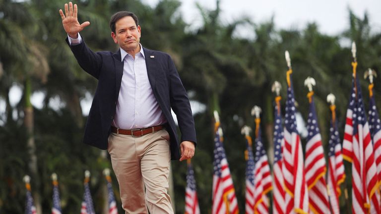 Marco Rubio speaks during  Donald Trump's campaign rally at Trump's golf resort in Doral, Florida.
Pic: Reuters