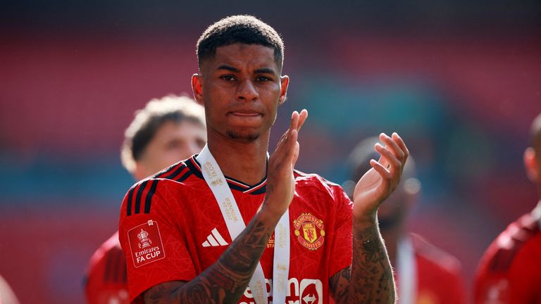 Marcus Rashford after Man Utd's FA Cup final win over rivals Man City in May 2024. Pic: Reuters