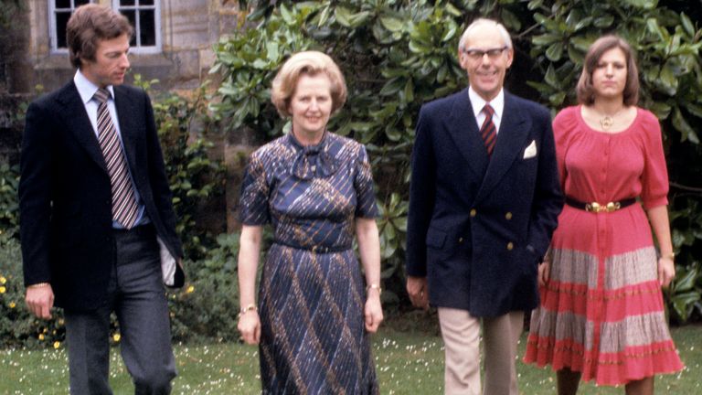 PA
Conservative Party leader Margaret Thatcher relaxing with husband Denis and their 25 year old twins, Mark and Carol at Scotney Castle, Kent. 1979