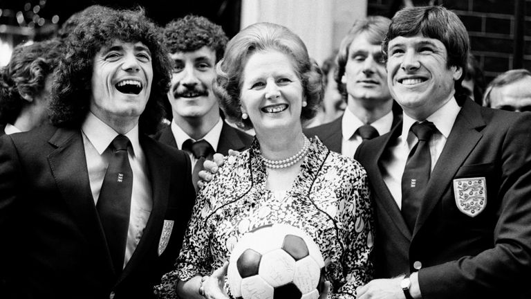 Margaret Thatcher with England footballers Kevin Keegan and Emlyn Hughes, with teammates Terry McDermott and Phil Thompson in the background. Pic: PA