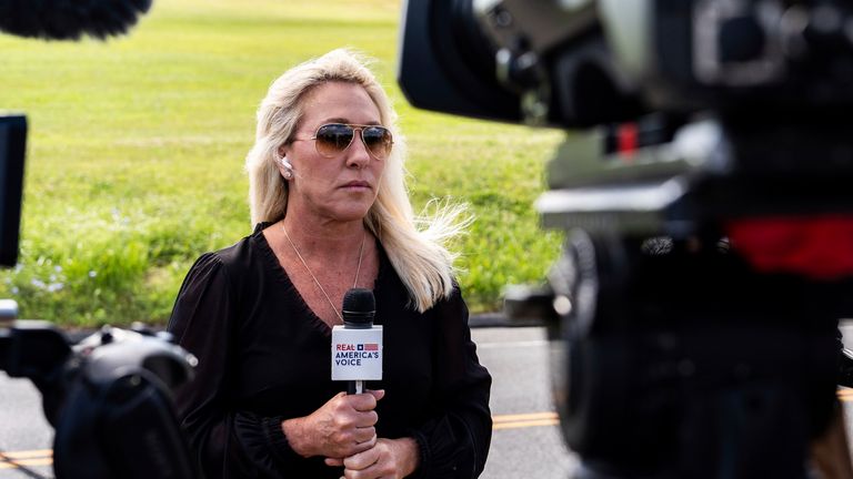 Rep. Marjorie Taylor Greene, R-Ga., speaks outside the Danbury Federal Correctional Institution, Monday, July 1, 2024, in Danbury, Connecticut.  Longtime Trump ally Steve Bannon is scheduled to report to federal prison in Connecticut to serve a four-month sentence.  He is sentenced on contempt charges for defying a subpoena in the Congressional investigation into the attack on the US Capitol.  (AP Photo/Julia Nikhinson)