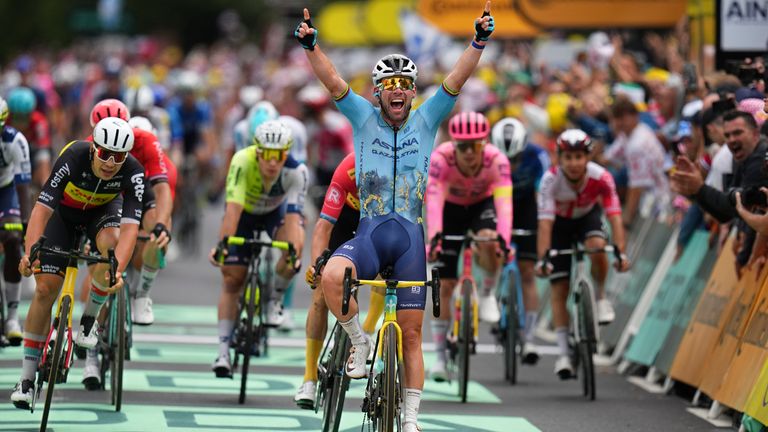 Cavendish crosses the finish line to take the win in Saint-Vulbas. Pic: AP