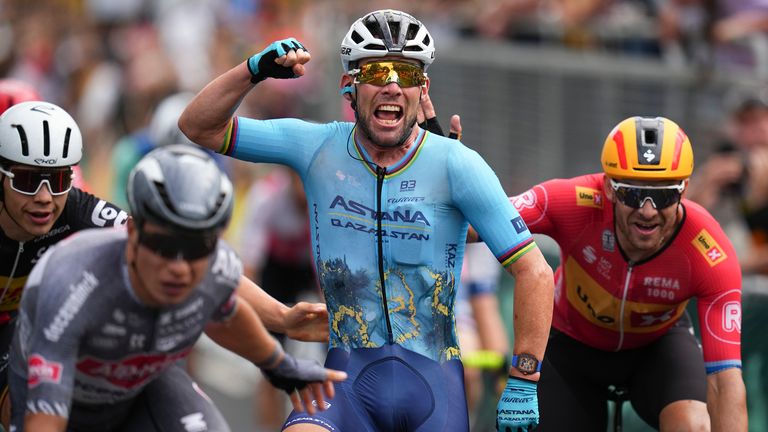 Cavendish celebrates the moment he surpassed Eddy Merckx. Pic: AP
