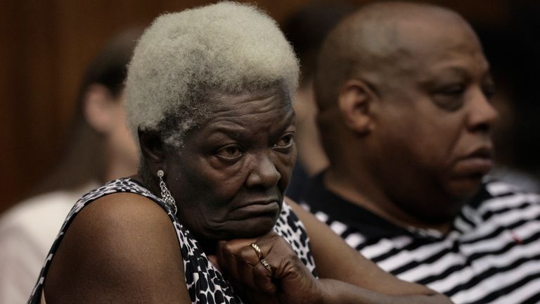 Martha Dunn, the mother of Christopher Dunn, listens to testimony during the first day of the hearing to decide whether to vacate her son's murder conviction, Tuesday, May 21, 2024, at the Carnahan Courthouse in St. Louis. Dunn, 52, has maintained his innocence for more than three decades in the 1990 murder of 15-year-old Ricco Rogers in the city's Wells-Goodfellow neighborhood. (Laurie Skrivan /St. Louis Post-Dispatch via AP, Pool)