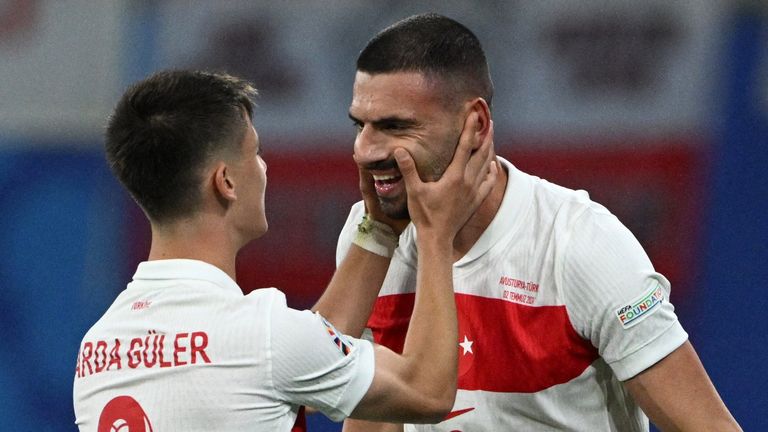 Merih Demiral celebrates scoring Turkey's second goal with Arda Guler. Pic: Reuters