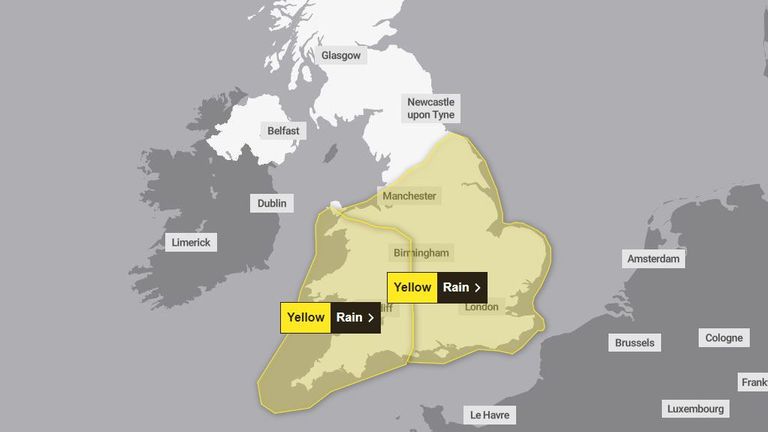 Yellow warnings from the Met Office for Monday