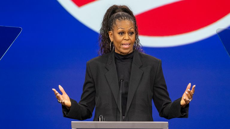 Former first lady Michelle Obama speaks during the Obama Foundation Democracy Forum at McCormick Place, Friday, Nov. 3, 2023 in Chicago. (Tyler Pasciak LaRiviere/Chicago Sun-Times via AP)
