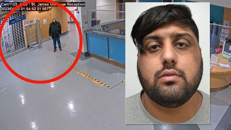 CCTV showing Mohammad Farooq (inset) in the hospital's foyer. Pic: CPS/PA 
