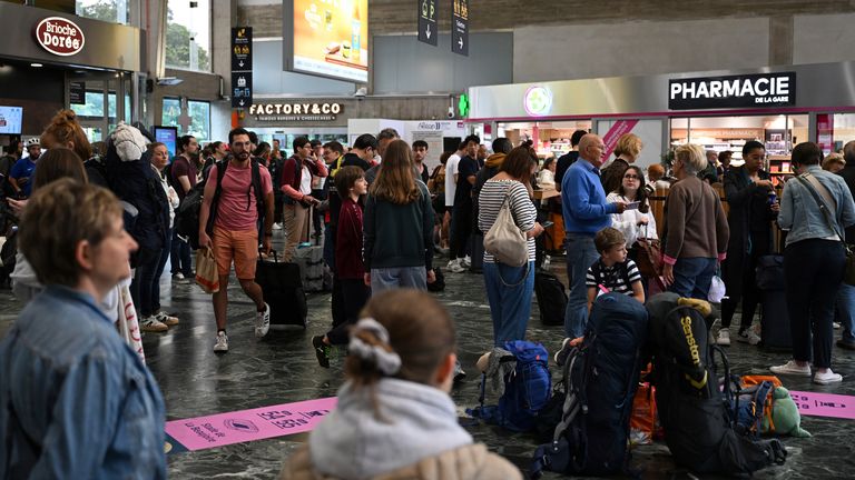 Passengers wait for a train at Nantes station as the TGV high-speed trains were cancelled in Nantes, Loire-Atlantique. 
Pic: AP