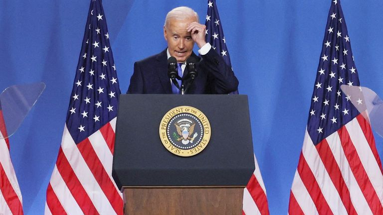 Joe Biden reacts as he attends a press conference during NATO's 75th anniversary summit, in Washington. Pic: Reuters