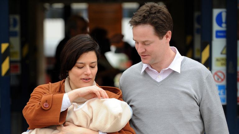 Nick Clegg with his wife Miriam Gonzalez Durantez holding their newborn son Miguel in 2009. Pic: PA