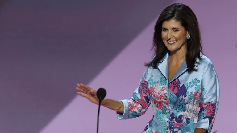 Former Republican presidential contender Nikki Haley takes the stage on Day 2 of the Republican National Convention (RNC), at the Fiserv Forum in Milwaukee, Wisconsin, U.S., July 16, 2024. REUTERS/Mike Segar
