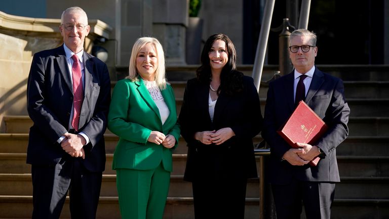 (L to R) Northern Ireland Secretary Hilary Benn, First Minister Michelle O'Neill, deputy First Minister Emma Little-Pengelly and PM Sir Keir Starmer at Stormont Castle in Belfast. Pic: PA