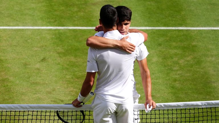 Djokovic congratulates Alcaraz. Pic: PA