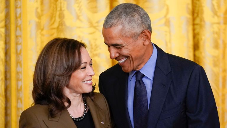 Former President Barack Obama talking with Vice President Kamala Harris in 2022. Pic: AP