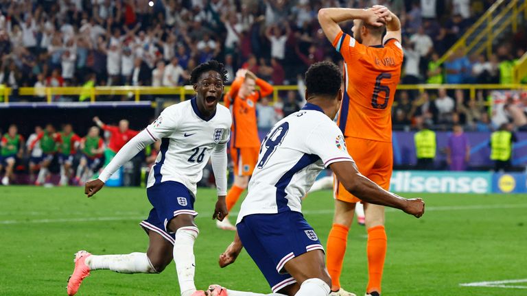 Ollie Watkins celebrates scoring England's second goal against the Netherlands with Kobbie Mainoo. Pic: Reuters