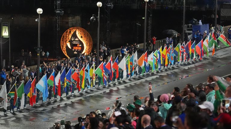 A general view of country flags during the Opening Ceremony for the Paris 2024 Olympic Summer Games.
Pic: Reuters