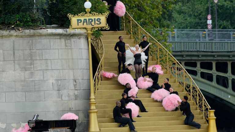 Lady Gaga performs in Paris, France, ahead of the opening ceremony of the 2024 Summer Olympics.
Pic:AP