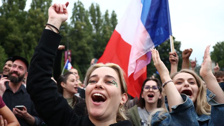 Supporters of Jean-Luc Mélenchon's left wing La France Insoumise party celebrate the exit polls in Paris. Pic: Reuters