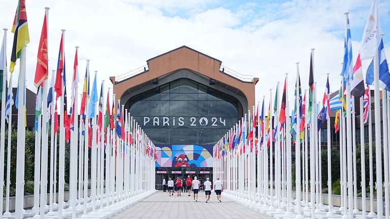 Flags of the participating countries fly outside the Olympic Village in Paris. Pic: Michael Kappeler/picture-alliance/dpa/AP Images