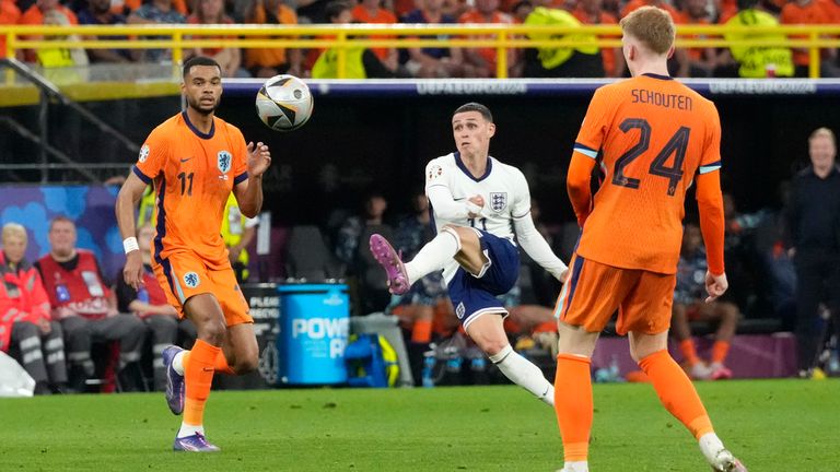 Phil Foden's long range effort hit the post. Pic: Reuters