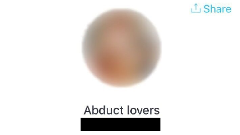 KiK Abduct 爱好者公共群组截图。个人资料图片显示一名男子捂住了一名女子的嘴
