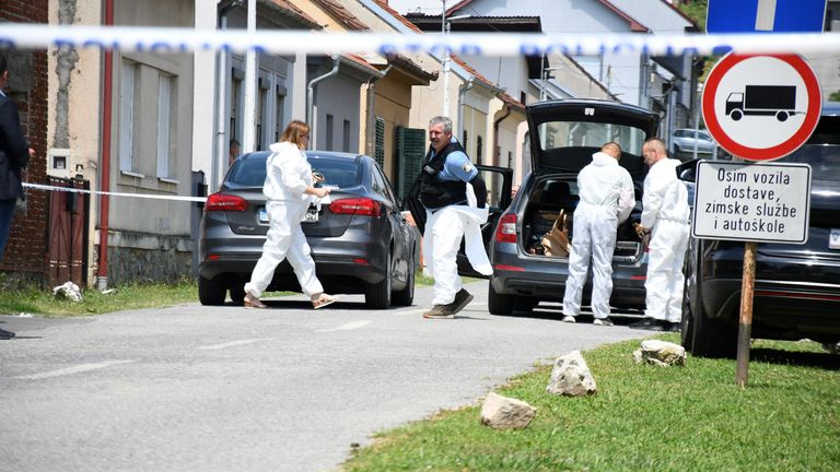 Police secure the scene in Daruvar, Croatia.
Pic: Pixsell/Reuters