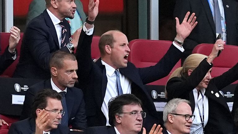 Prince William reacts to a moment from the extra-time game during the UEFA Euro 2024 quarter-final match at the Dusseldorf Arena in Germany.  Photo date: Saturday, July 6, 2024. Photo: PA 