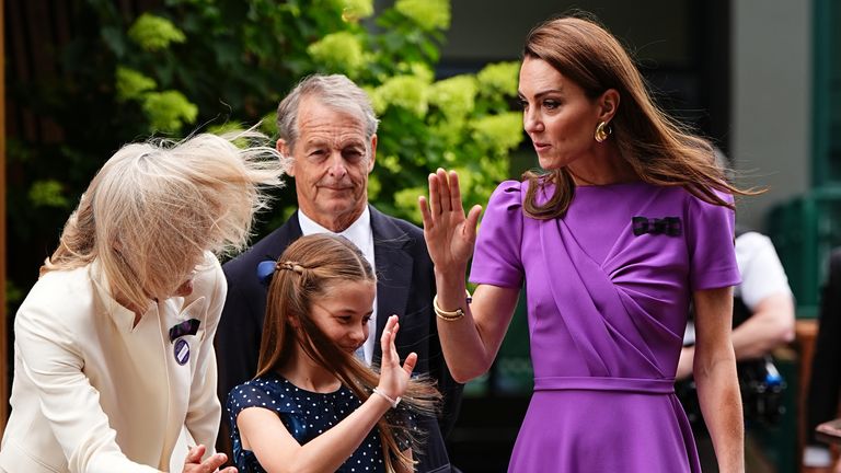 The Princess of Wales and Princess Charlotte arriving on day fourteen of the 2024 Wimbledon Championships at the All England Lawn Tennis and Croquet Club, London, ahead of Kate presenting the trophy to the winner of the men's final. Picture date: Sunday July 14, 2024.